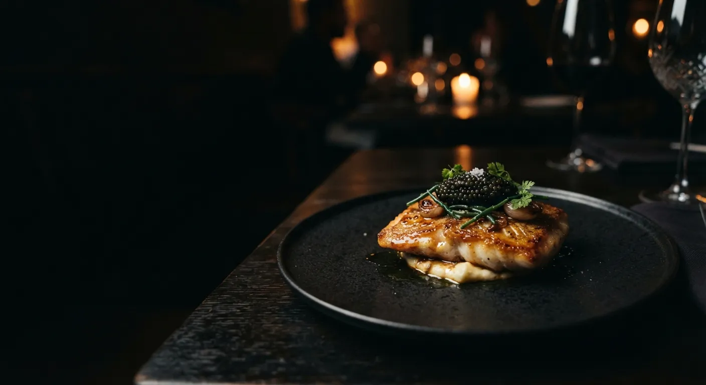 Cornish turbot with brown butter and Exmoor caviar on a black plate