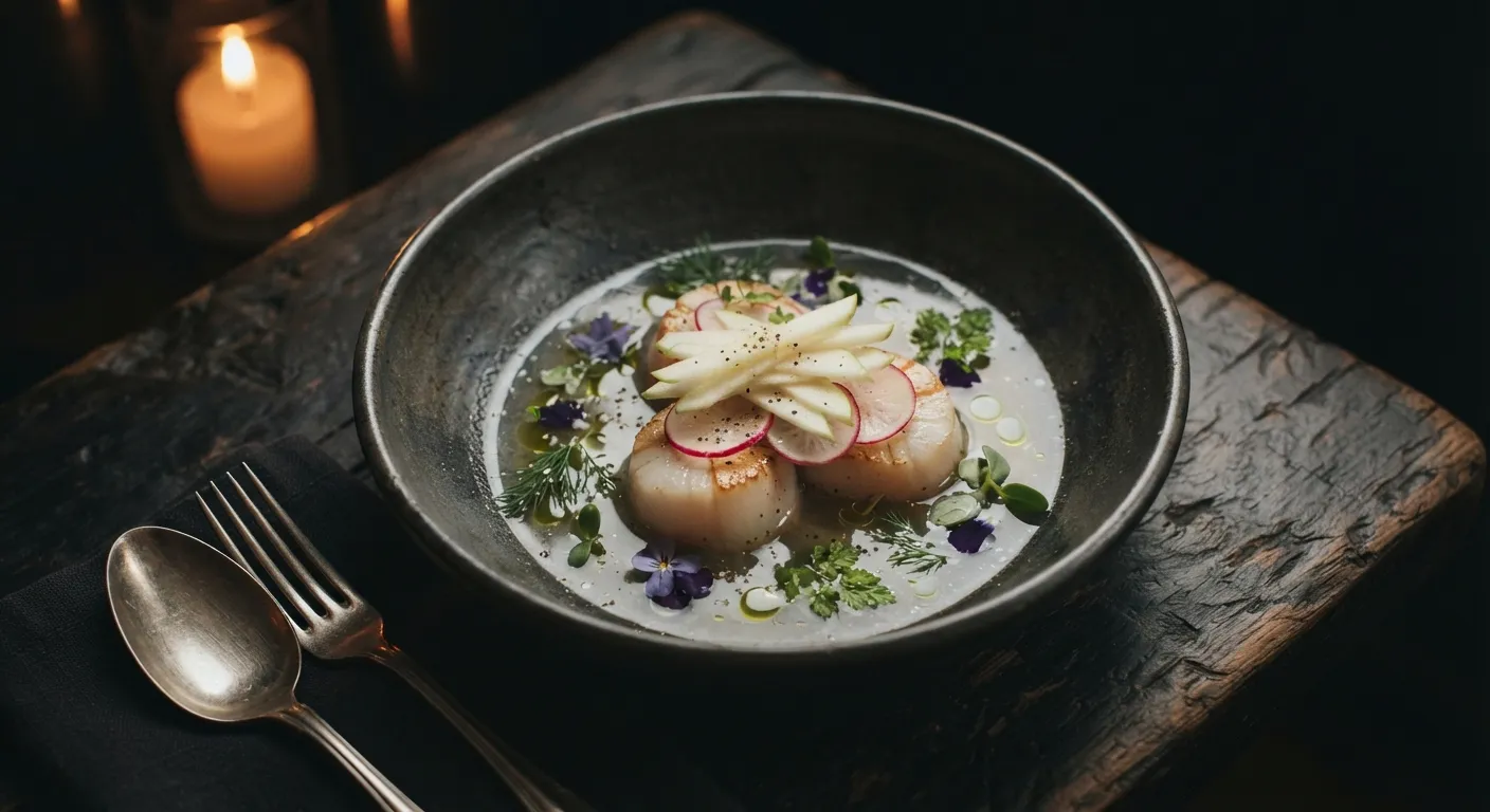 Orkney scallops in dashi with apple and radish